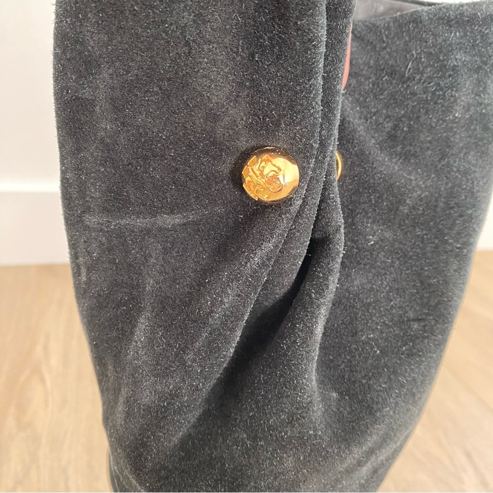 Tory Burch Black Suede Ruched Heeled Riding Boots - Picture 5 of 5